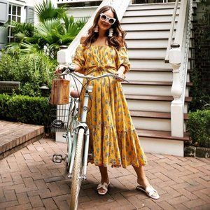 Rhode Resort Frida Dress in Yellow Flower Boho Midi Printed